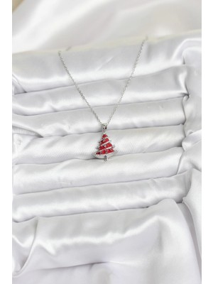 Senka Mey Ithalat® 316L Çelik Zincir Gümüş Renk Kırmızı Çam Ağacı Model Yılbaşı Temalı Kadın Kolye
