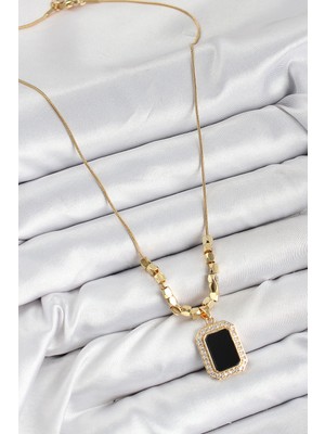 Senka Mey Ithalat® 316L Çelik Zirkon Taşlı Siyah Baget Model Gold Renk Kadın Kolye