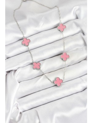 Senka Mey Ithalat® 316L Çelik Zincir Gümüş Pembe Renk Yonca Kadın Kolye