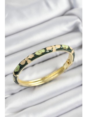 İlk El Grup Ietaks™ Mineli Pirinç Krem ve Yeşil Çiçek Motifli Gold Renk Kadın Kelepçe