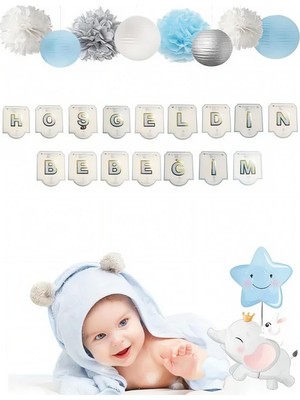 Deha Parti Kağıt Banner Hoşgeldin Bebeğim Mavi Varaklı Baby Shower Hastane Odası