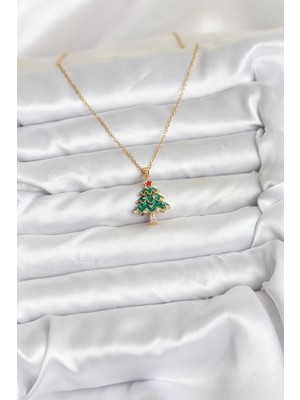 Senka Mey Ithalat® 316L Çelik Zincir Gold Renk Çam Ağacı Model Yılbaşı Temalı Kadın Kolye