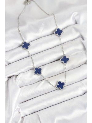 Senka Mey Ithalat® 316L Çelik Zincir Gümüş Lacivert Renk Yonca Kadın Kolye