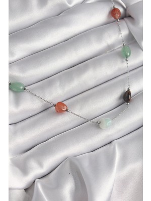 İlk El Grup Ietaks™ 316L Çelik Gümüş Renk Zincir Renkli Doğaltaş Model Kadın Kolye