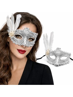 İlk El Grup Lüks Beyaz Tüylü Venedik Maskesi – Taşlı Dantel Tasarım