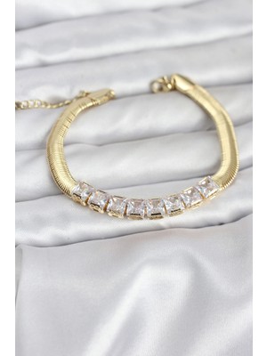 Senka Mey Ithalat® 316L Çelik Gold Renk Kare Zirkon Taşlı Yılan Zincirli Kadın Bileklik