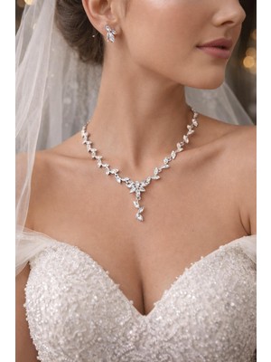 Stainless Steel Çelik Silver Abiye, Gelinlik 2'li Kolye ve Küpe Seti