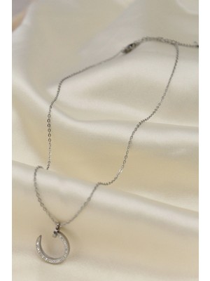 Senka Mey Ithalat® Çelik Silver Renk Zirkon Taşlı Çivi Model Kadın Kolye