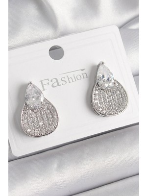 İlk El Grup Ietaks™ Pirinç Gümüş Renk Zirkon Taşlı Damla Model Kadın Küpe