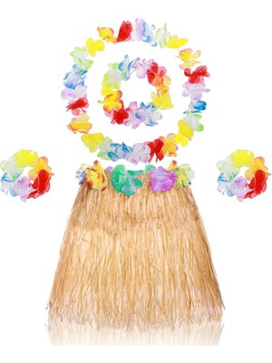 Senka Mey Ithalat® Yetişkin Çocuk Hawaii Parti Seti - 40 cm Naturel Etek + Çiçek Aksesuarlar (5 Parça)