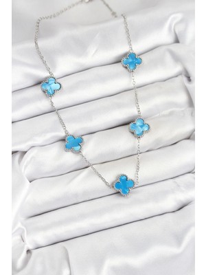 Senka Mey Ithalat® 316L Çelik Zincir Gümüş Buz Mavisi Renk Yonca Kadın Kolye