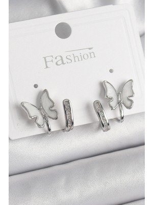 İlk El Grup Ietaks™ Pirinç Gümüş Renk Zirkon Taş Detaylı Beyaz Sedefli Kelebek Model Kadın Küpe