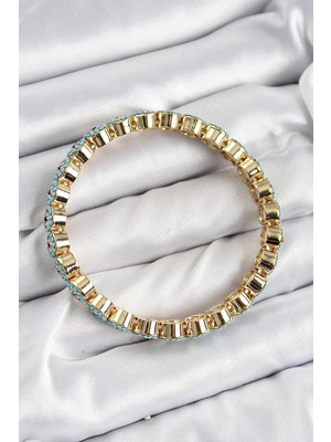 Senka Mey Ithalat® Pirinç Zirkon Taşlı Turkuaz Nazar Model Gold Renk Lastikli Kadın Bileklik