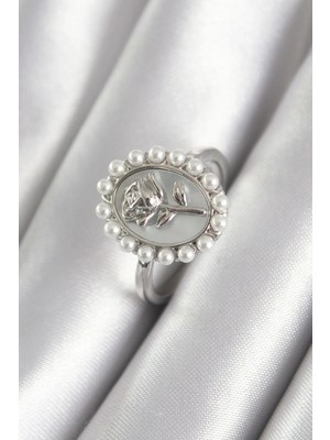 İlk El Grup Ietaks™ Pirinç Gümüş Renk Portre Gül Model Inci Detay Kadın Yüzük