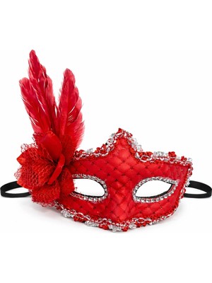 Senka Mey Ithalat® Kırmızı Tüylü Venedik Lüks Balo Maskesi