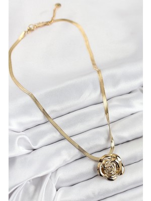 Senka Mey Ithalat® 316L Çelik Gül Figürlü Italyan Zincir Model Gold Renk Kadın Kolye