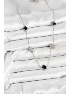 Senka Mey Ithalat® 316L Çelik Zincir Gümüş Renk Siyah ve Zirkon Taşlı Baby Boy Yonca Kadın Kolye
