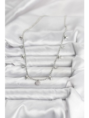 Senka Mey Ithalat® Pirinç Gümüş Renk Zirkon Taşlı Deniz Kabuğu Model Kadın Kolye