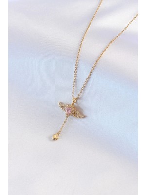 Senka Mey Ithalat® 316L Çelik Gold Renk Kanatlı Kalp Model Zirkon Taş Detay Kadın Kolye