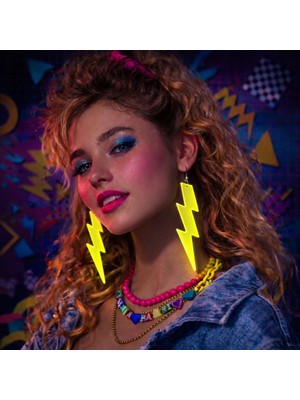 Senka Mey Ithalat® 80’ler 90&amp;#39;lar Retro Neon Sarı Şimşek Küpe 10 cm