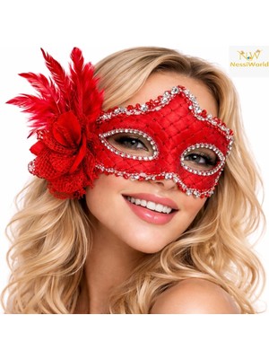 Senka Mey Ithalat® Kırmızı Tüylü Venedik Lüks Balo Maskesi