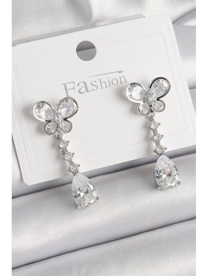 İlk El Grup Ietaks™ Pirinç Gümüş Renk Kelebek Model Sallantı Damla Zirkon Taşlı Kadın Küpe