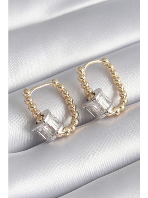 İlk El Grup Ietaks™ Pirinç Gold Renk Top Model Gümüş Renk Zirkon Taşlı Kadın Küpe