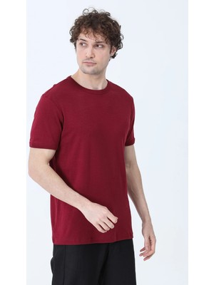 JB John Borners Erkek Bisiklet Yaka Kol Süs Etiketli %100 Pamuklu T-Shirt Bordo - 26Y 2143