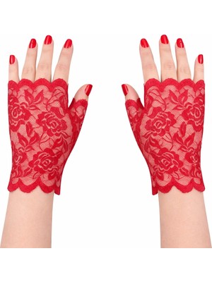 Senka Mey Ithalat® Kırmızı Dantel Parmaksız Kısa Eldiven