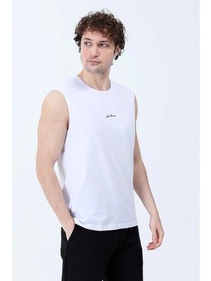Erkek Bisiklet Yaka Baskılı %100 Pamuklu Kolsuz T-Shirt Beyaz - 26Y 2752