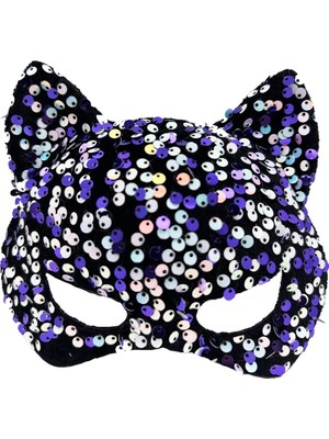 Senka Mey Ithalat® Siyah Kadife Kumaş Üzerine Mor Beyaz Payetli Pullu Parti Maskesi 16X14 cm
