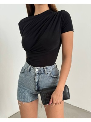 Moda Morfo Çapraz Büzgülü Kısa Kol Sandy Bluz  -Siyah