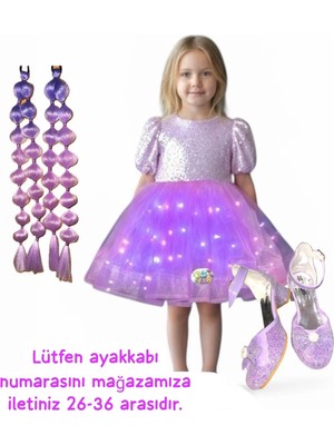 Payetli Mor Işıklı Elbise Kostüm + Mor Bubble Saç + Mor Topuklu Ayakkabı Seti Kuromi Düğün Parti Satıcının Ortalama Ürün Puanı  4.7