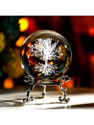 PremiumPort Kristal Cam Küre Yaşam Ağacı Temalı Dekor Metal Standlı, Şık ve Zarif Aksesuar