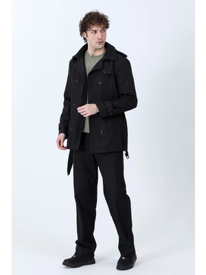 Erkek Düğmeli Kemer Detaylı Çift Cepli Trençkot Siyah - 26Y 99506
