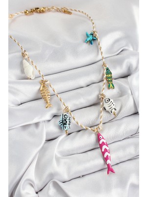 Senka Mey Ithalat® Seramik Motifli Pembe Balık Figürlü Model Krem Ip Kadın Kolye