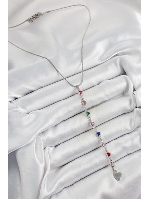 Senka Mey Ithalat® Pirinç Gümüş Renk Karışık Renk Zirkon Taşlı Kalpli Y Kadın Kolye