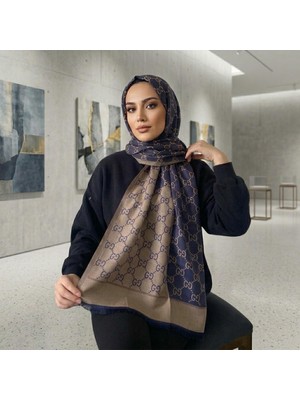 Revam Collection G Desen Çift Taraflı Pamuk Şal Bej-Lacivert