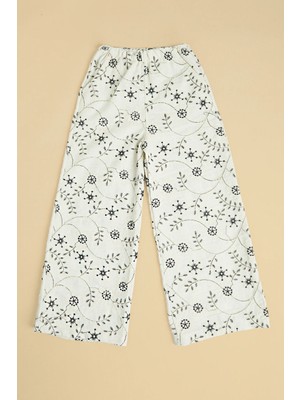 FullaModa Çiçek Nakışlı Keten Görünümlü Kız Çocuk Pantolon