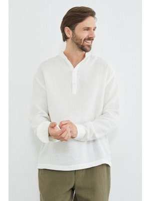 FullaModa Yarım Düğmeli Hakim Yaka Müslin Kumaş Gömlek