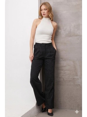 FullaModa Çizgili Pileli Kemer Detaylı Kumaş Pantolon