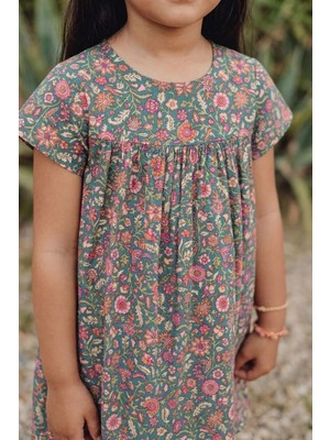 Cigit Desenli Dökümlü Elbise 1-8 Yaş Yeşil