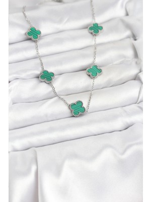 Senka Mey Ithalat® 316L Çelik Zincir Gümüş Renk Yeşil Yonca Kadın Kolye