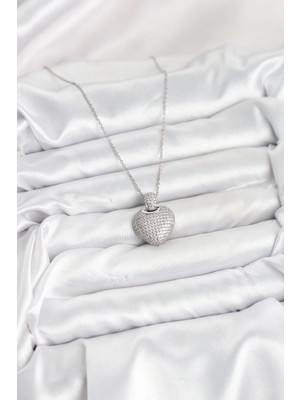 Senka Mey Ithalat® 316L Çelik Zincir Gümüş Renk Zirkon Taşlı Kalpli Kadın Kolye
