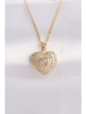 316L Çelik Zincir Altın Renk Zirkon Taşlı Kalp Kolye - Lisinya