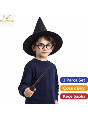 Senka Mey Ithalat® Çocuk Seti (Siyah Keçe Şapka, Asa, Gözlük)