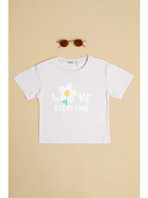 FullaModa Love Every Tıme Baskılı Kız Çocuk Crop Tişört