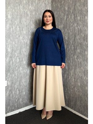 Modaplaza Kadın Büyük Beden Bisiklet Yaka Taşlı Nakışlı Uzun Kol Anne Bluzu 006