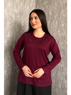 Modaplaza Kadın Büyük Beden Bisiklet Yaka Taşlı Nakışlı Uzun Kol Anne Bluzu 006