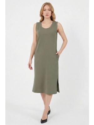 FullaModa Basic Yırtmaçlı Cepli Midi Boy Elbise